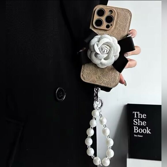 Elegant Floral Leather iPhone Case with Pearl Handle - Picture 1 of 5